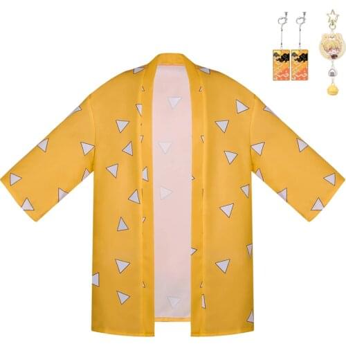 Agatsuma Zenitsu Haori with Earrings Keychain Kimetsu no Yaiba Cloak Short Demon Slayer Kimono Uniforms anime Cosplay Capes