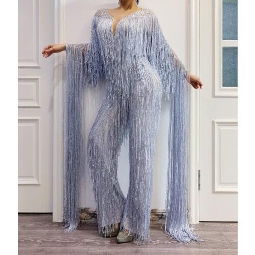 Shining Silver Gray Fringe Rhinestones Jumpsuit Celebrate Tassel Bodysuit Stage Dance Leggings Women Singer Dancer Outfit