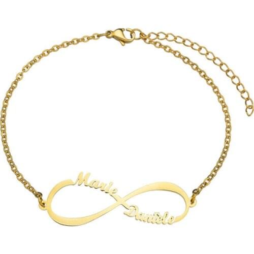 Dropshipping 18k Gold Plated Infinity Bracelet Personalized Custom Family Name Stainless Steel Charm Ankle Bracelets Bangles