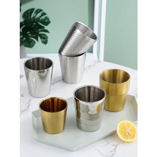 Korean Style 304 Stainless Steel Double-Layer Golden Water Cup Barbecue Restaurant Beer Cup Tea Cup Beverage Cup Catering Cup
