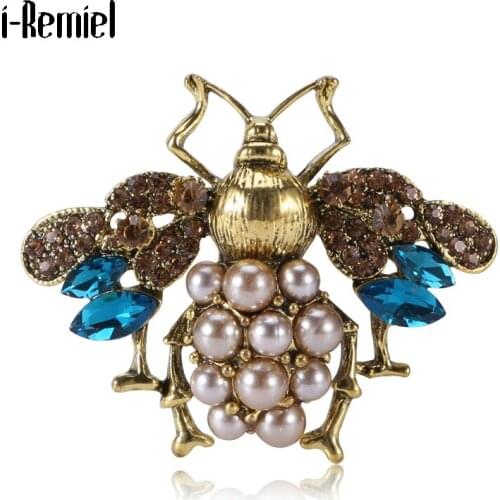 Retro Imitation Pearl Bee Insect Brooches for Women Crystal Rhinestone Luxury Jewelry Dress Lapel Pin Bag Clothing Accessories