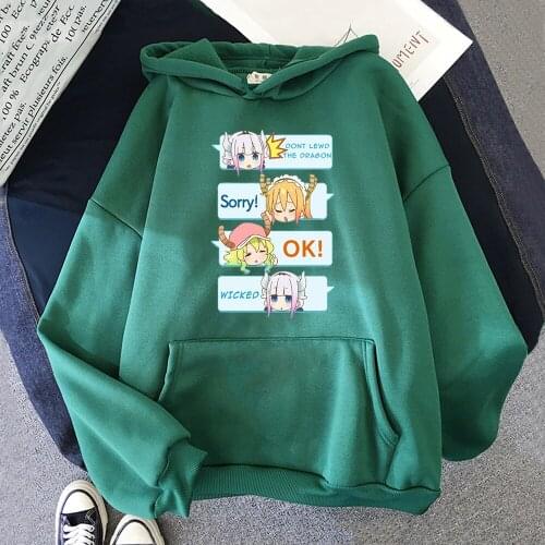 Kobayashi Sanchi no Maid Dragon Print Hoodie Women Japanese Anime Hooded Sweatshirt Pollover Aesthetic Kawaii Clothes Green Tops