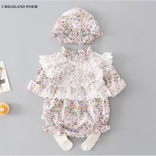 Baby Girls Romper Newborn Spring Floral Lace Princess Baby Girls Clothes Long Sleeve Baby Clothes Girls Jumpsuit Onesie With Hat