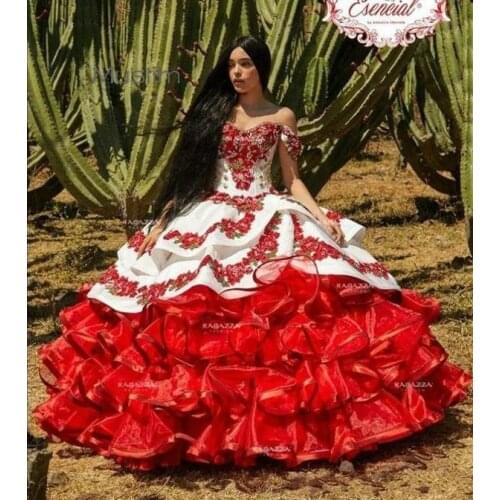 Red Floral Charro Quinceanera Dresses Off Shoulder Puffy Skirt Lace Embroidery Princess Sweet 16 Girls Masquerade Prom Dress