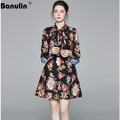 Banulin Fashion Spring Runway Dress High Quality Women New 2020 Flare Sleeve Bow Neck Vintage Print Indie Folk Mini Dress