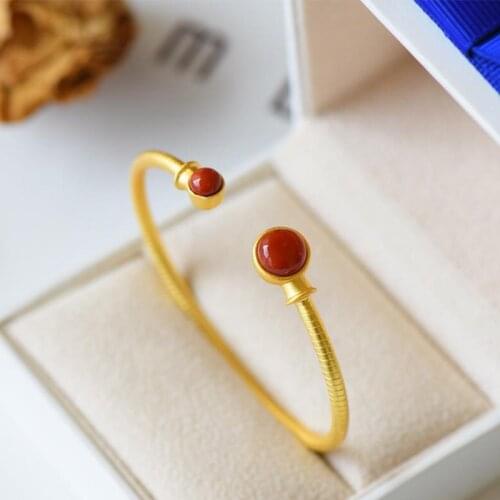 Heritage Ancient Craft S925 Sterling Silver Gilding Inlaid Southern Red Agate Bracelet Thin Open-End Bangle Bracelet Simple Vint