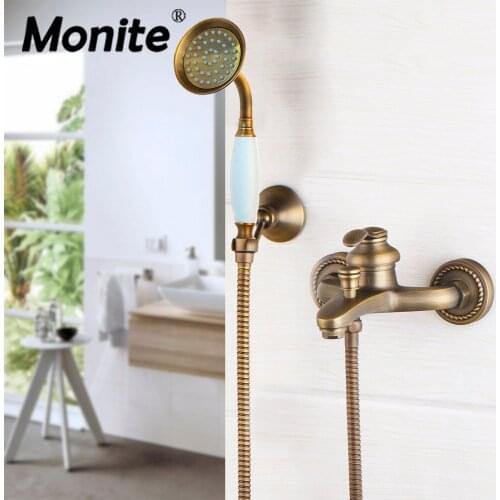 Wall Mounted Antique brass shower set head and hand shower bathroom double handle dual hole shower faucets
