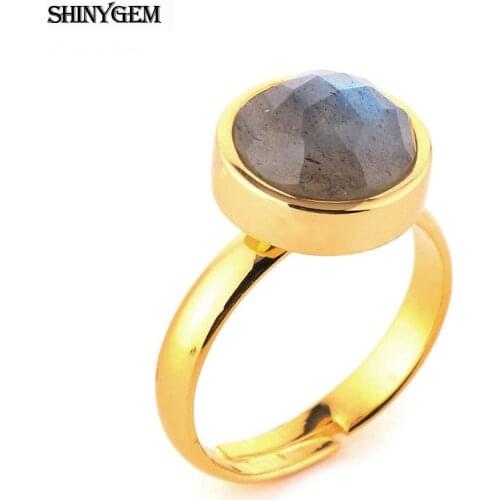 ShinyGem 10mm Vintage Natural Round Faceted Grey Gem Stone Rings Gold Plating Adjustable Contracted Rings For Women Jewelry