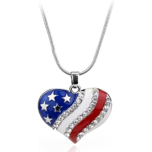 Cute Heart Flag Floating Pendant Charms USA National Flag Necklace Crystal The Old Glory Jewelry High Quality Gift for Women