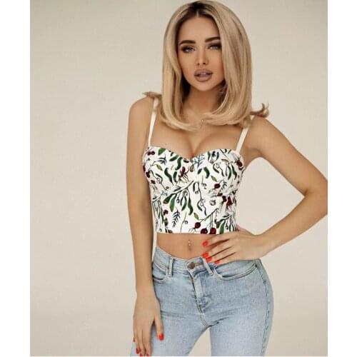 Women Summer New Fashion White Printed Sexy Spaghetti Straps Sleeveless Print Crop Tops Bodice Shirt Holiday Outfit Women Party