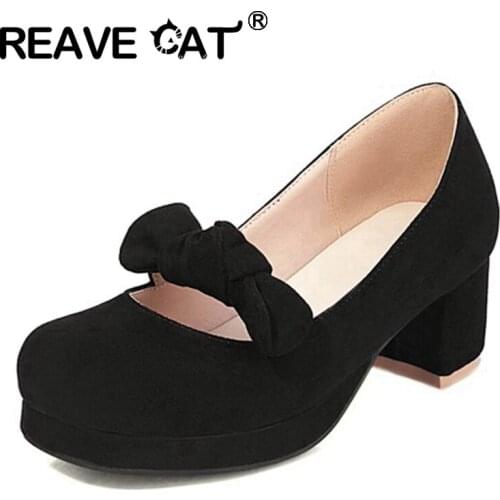 REAVE CAT New 2021 Women Pumps Sweet Cute Round Toe 5cm Block Heels Platform Flock Slip-On Bowtie Lolita Vintage Spring A3476