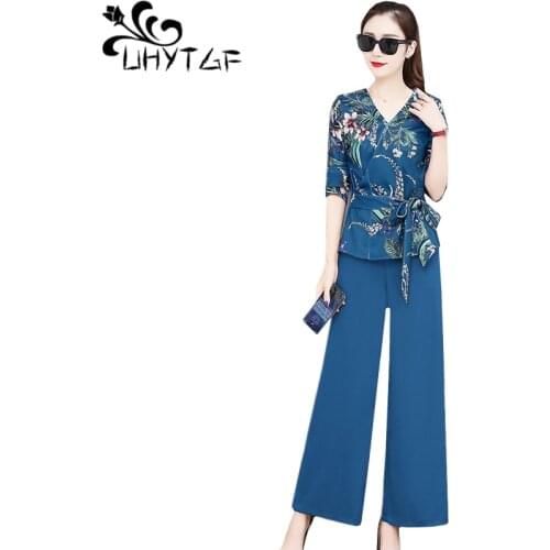 UHYTGF Womens 2 piece set Vintage print top And wide leg pants spring sets temperament jogging femme Plus size women clothes 577
