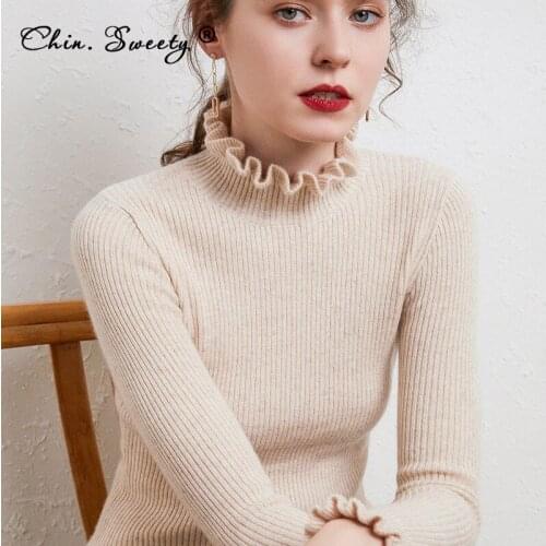 Womens Solid Knit Thicken Turtleneck Pullovers 2021 Autumn Long Sleeve Ruffle Basic All-match Sweater Ladies Fashion Office Top