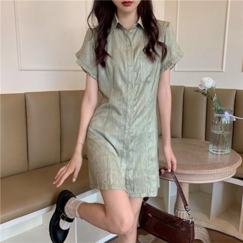 2021 New Women Summer Fresh Green Silky Mini Shirt Dress Single Breasted Japan Style Short Satin Sundress