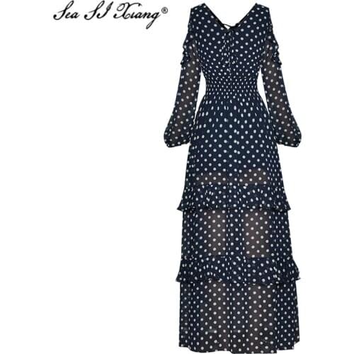 Seasixiang Fashion Designer Summer Chiffon Maxi Dress Women V-Neck Strapless Dots Print Elastic waist Floor-Length Dresses
