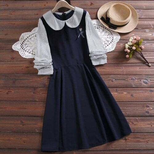 Spring Vintage Women Bow Long Sleeve Pink Blue Plaid Dresses