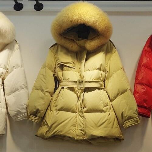 Winter thick warm Fluffy Duck down coats female was thin big fur coats real fox fur collar hooded Parkas with belt F2242