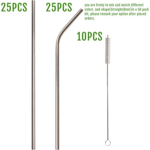 50 Packs Whole Sale Best Reusable Metal Drinking Stainless Steel Straw with Cleaning Brush for Bottle Hydro Flask Christmas Gift