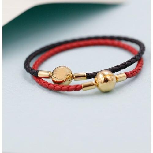 Moments Black and Red Woven Leather Bracelet with Shine Gold 925 sterling silver Clasp Fit Charms Beads DIY gift fine jewelry