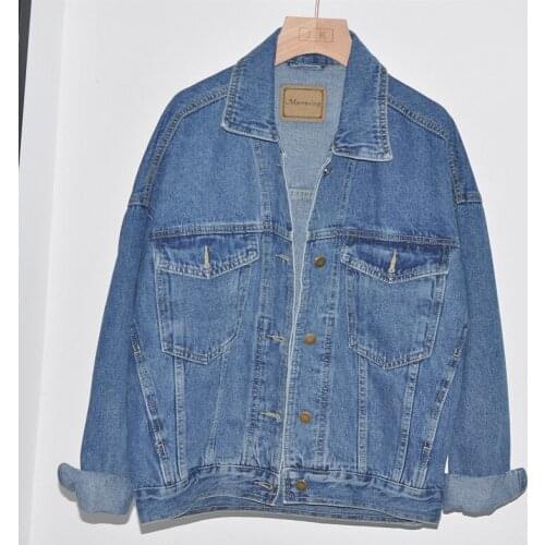 Washed Light blue Denim jacket Loose Plus size Batwing sleeve Vintage Solid Jeans jacket Women Big pocket Mujer chaqueta Autumn