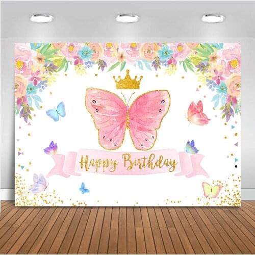 Butterfly backdrop happy birthday background for photo shoot flowers crown pink girls boys birthday theme party decor photocall
