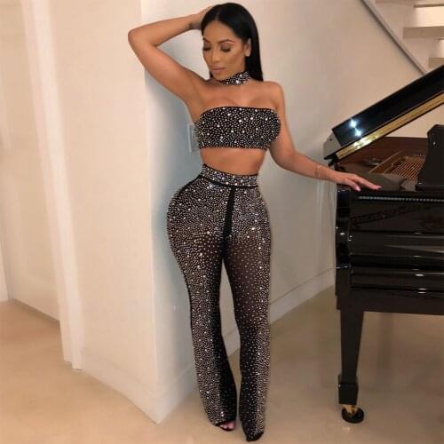 Amazing Beading Glittering Choker Black Two Piece Bandage Pants Strapless Crop Top Off Shoulder Wide Leg High Waist Pants Set