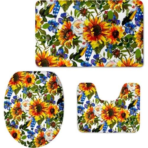 Navy Blue Yellow Orange Watercolor Sunflower Floral Prints Toilet Seat Cover Decroation Bathroom Mat Anti Skid Inodoro Bath Rugs