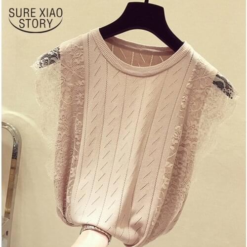 Summer Sleeveless Lace Knitted Shirt 2021 Korean Patchwork Tops Women O-Neck Solid Hollow Out Clothes Mesh Chic Blusas 8795 50