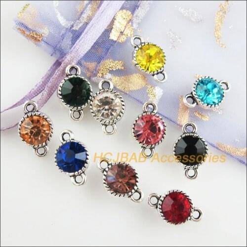 Fashion 10Pcs New Round Charms Tibetan Silver Tone Retro Mixed Crystal Connectors 10x16mm