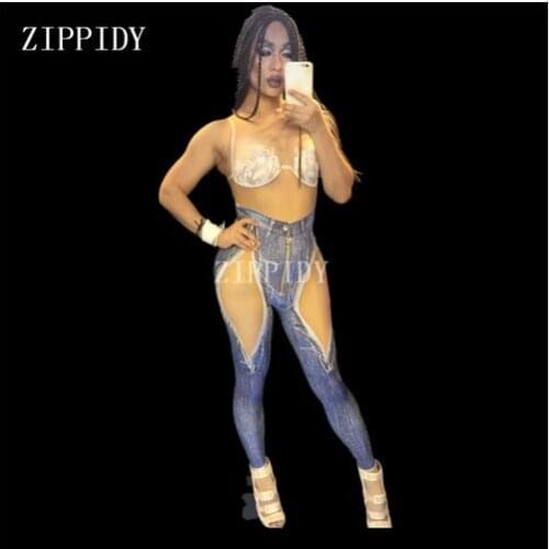Fashion Denim Printed Sexy Skinny Leggings Bodysuit Dancer Show Nigthclub Singer Outfit Stage Lace Printed Nude