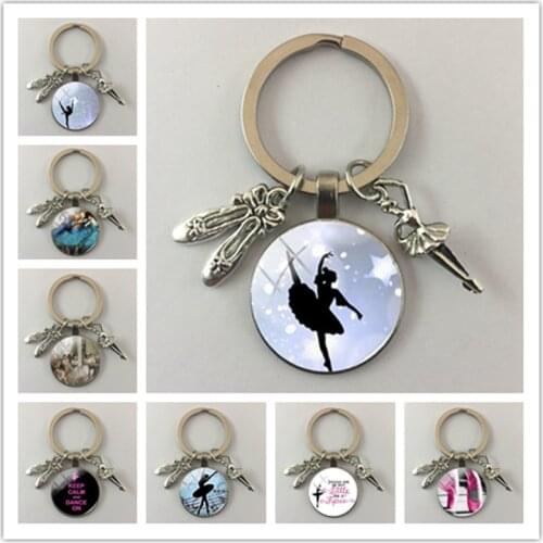 Fashion Ballerina Ballet Girl Keychain I Love Dance Jewelry Pendant Keychain Silhouette Art Photo Glass Dome Keychain