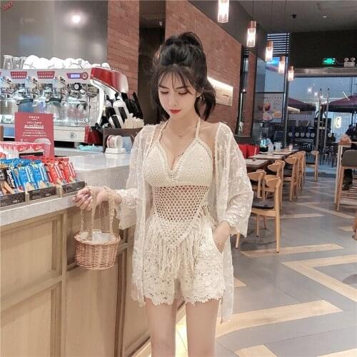 The new hot spring swimsuit fairy fan sexy bikini three-piece suit was thin, covered belly and small breasts gathered swimwear