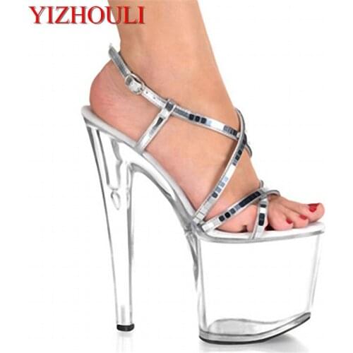 20cm Plastic sandals, choi core ribs bottom sandals, pole dancing performance shoes silver buckle, party Dance Shoes