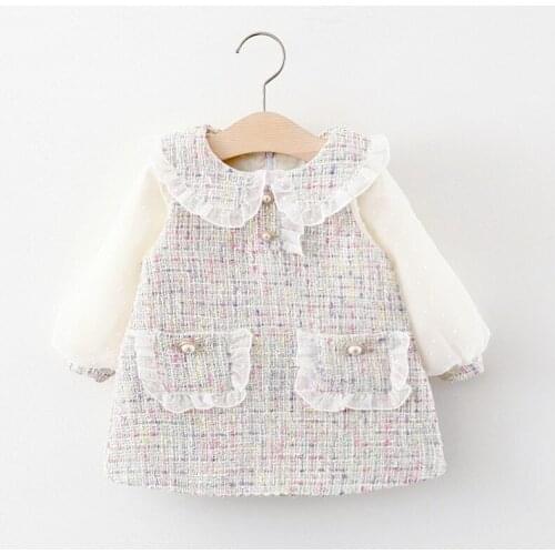Pudcoco Baby Girls Princess Dress Infant Long Sleeve Ruffled Collar Plaid Pattern Lace Cute Sweet Cozy Soft Dress White/ Pink