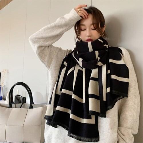 VISROVER Black White Stripe Winter Scarf For Women Fashion Female Shawl Cashmere Handfeeling Winter Wrap Warm Autumn Hijab Gift