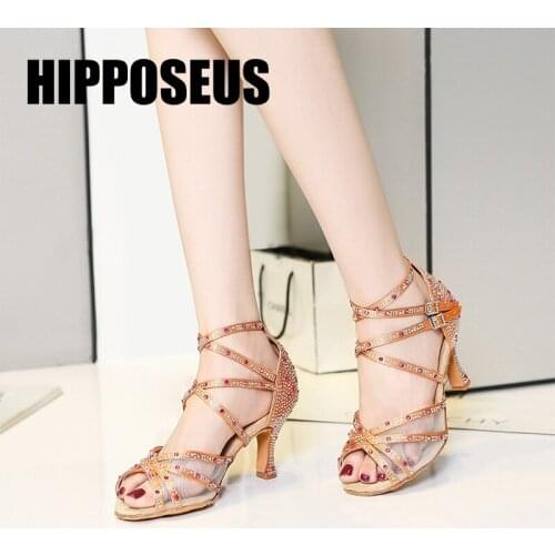 Hipposeus Dance-Shoes Girls for Women Ladies Ballroom Latin Modern Tango Dancing Shoes With Rhinestone Shoe Salsa Sandals Black