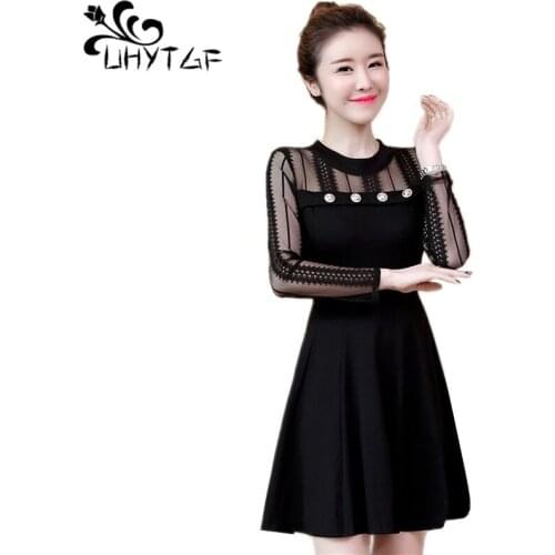 UHYTGF Spring Autumn Dresses Women Elegant Party Dress fashion Hollow Long Sleeve Casual 5XL Plus Size Black Dresses Female X621