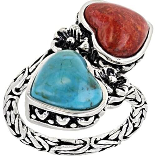 Vintage Silver Color Dual Love Heart Ring Turquoises and Coral Rhodium Over Bypass Ring For Women Punk Party Jewelry Gift