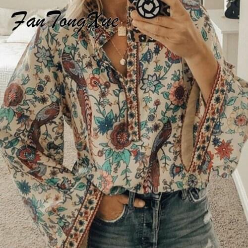 Women Shirt 2021 Autumn Ditsy Floral Print Ethnic Shirt Women Loose Long Flare Sleeve V Neck Casual Fashion Womens Fall Shirts