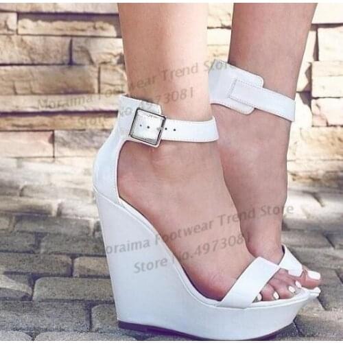 Moraima Snc White Leather Platform Wedge Sandal Summer Peep Toe Ankle Strap Gladiator Shoes Woman Cutous Party Heels