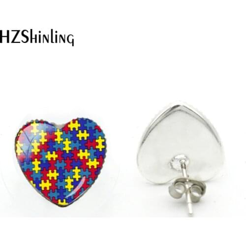 2018 New Autism Awareness Heart Earring Hand Craft Earrings Glass Dome Photo Jewelry Art Ear Studs For Women