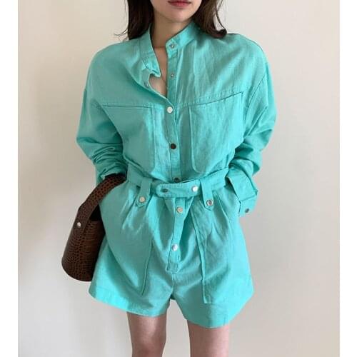 Wenfly Women Playsuits Thin Casual Stand Collar Single Breasted Sashes Long Sleeve Korean Loose Pocket High Waist Cargo Pants