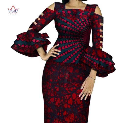 Customize African Print Ruffles Sleeve Tops and Skirt Sets for Women Bazin Riche African Clothing 2 Pieces Skirts Sets WY4300
