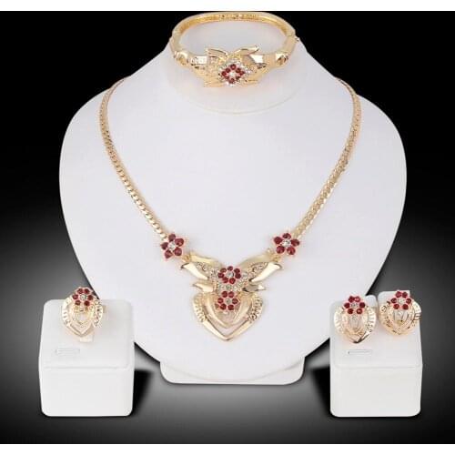 Women\s Wedding Flower Rhinestone Ring Earrings Necklace Bracelet Jewelry Set