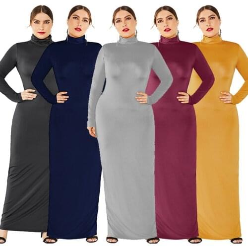 Spring Autumn Women Solid Casual Slim Bodycon Package Hip Maxi Dress Long Sleeve Turtleneck Stretchy Long Dresses Plus Size Robe