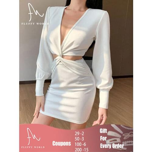 Summer Autumn Dress Women 2021 Sexy V Neck Long Sleeve Slim Elastic Bodycon Hollow Out Mini Dresses Casual White Fluffyworld