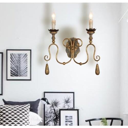 American Country Wall Lamp Living Room Aisle Retro Wrought Iron Wall Light Nostalgic French Model Room Wood Candle Wall Sconce