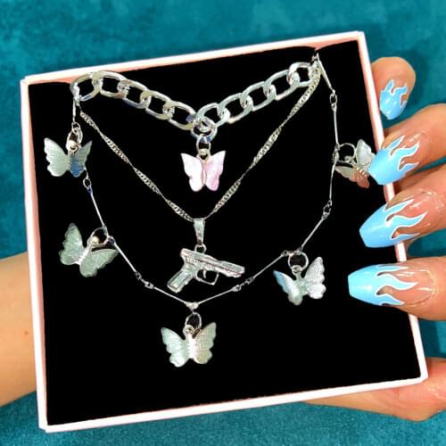Caraquet Silver Color Cuban Chain Choker Necklace For Women Multilayer Acrylic Butterfly Metal Pistol Pendant Necklace Jewelry