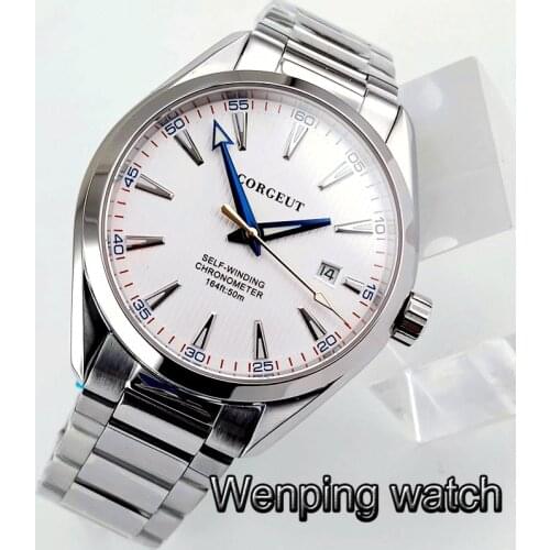 Corgeut 41mm mens top luxury business mechanical watch silver case sapphire glass white dial date luminous automatic watches