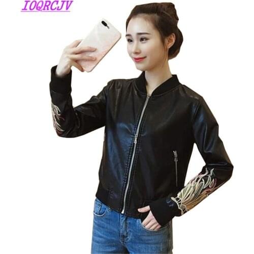 Spring Autumn Womens PU Leather Short Jacket Coat Fashion Embroidery Motorcycle Leather Outerwear Baseball Jacket IOQRCJV H166